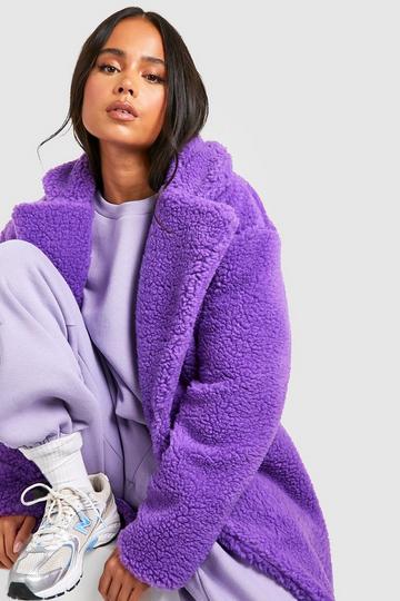 Petite Pocket Detail Teddy Fur Coat purple