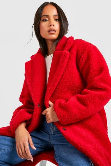 Red Petite Pocket Detail Teddy Fur Coat