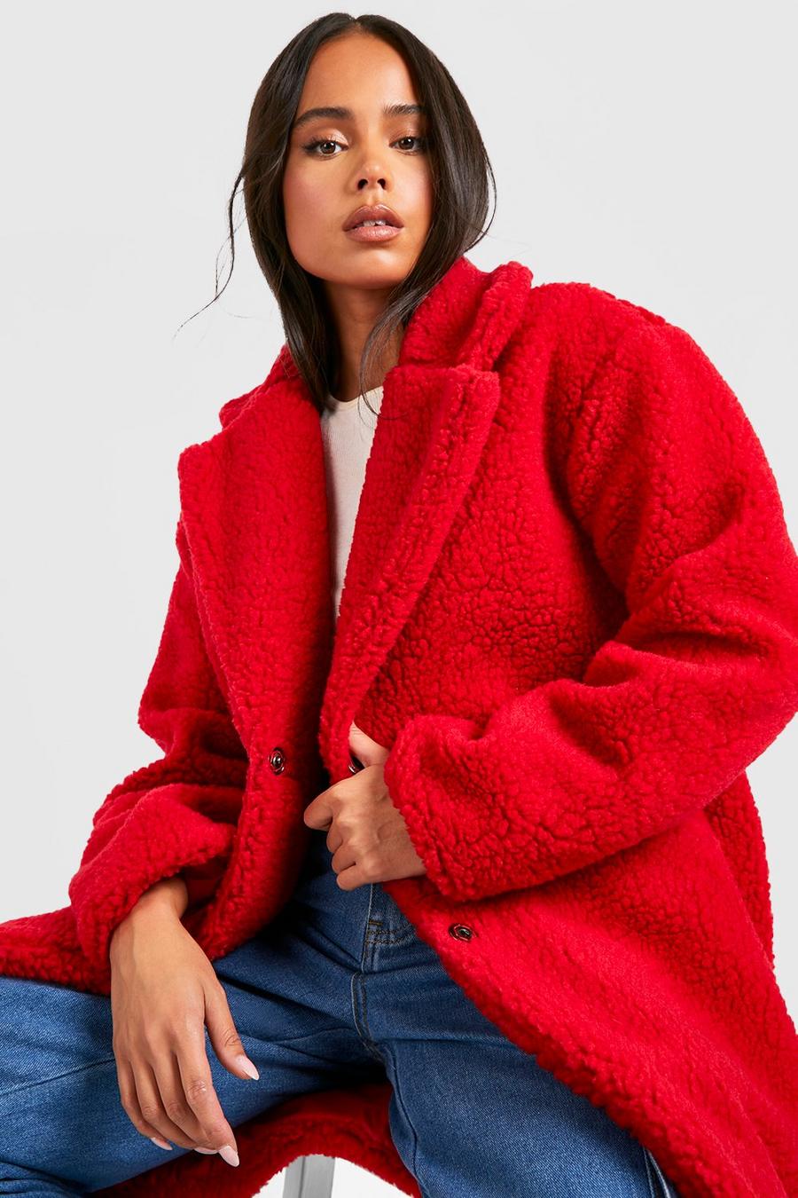 Red Petite Pocket Detail Teddy Fur Coat  image number 1