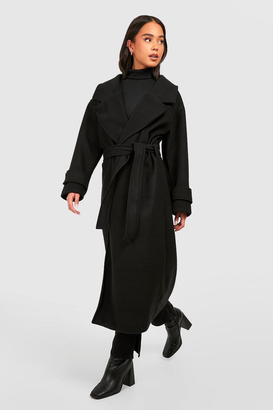 Black Petite Oversized Wool Look Longline Belted Trench Coat image number 1