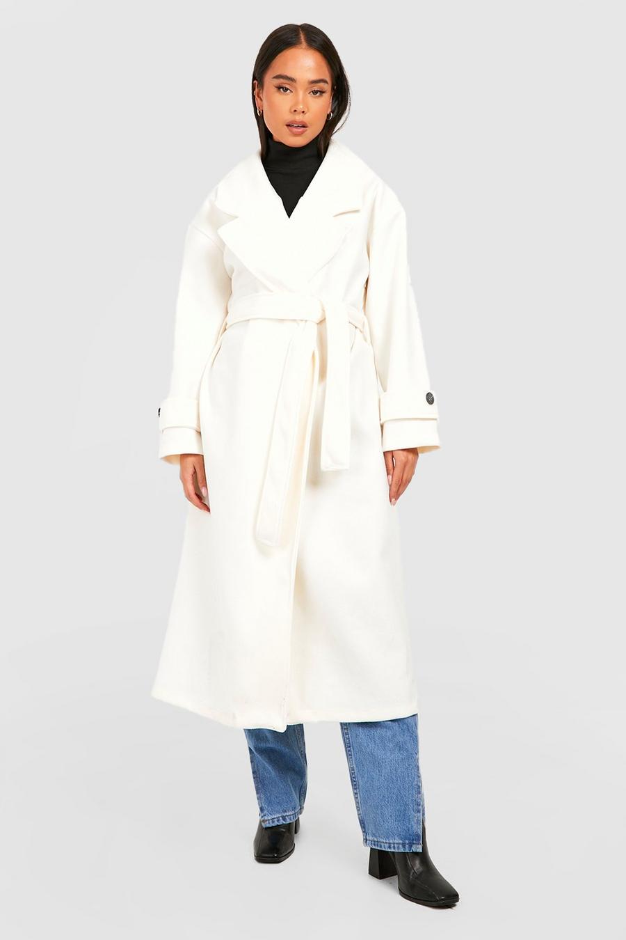 Ecru Petite Oversized Wool Look Longline Belted Trench Coat image number 1