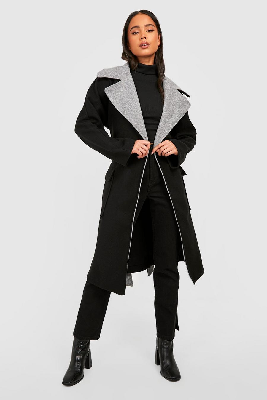 Black Petite Contrast Belted Wool Look Coat image number 1
