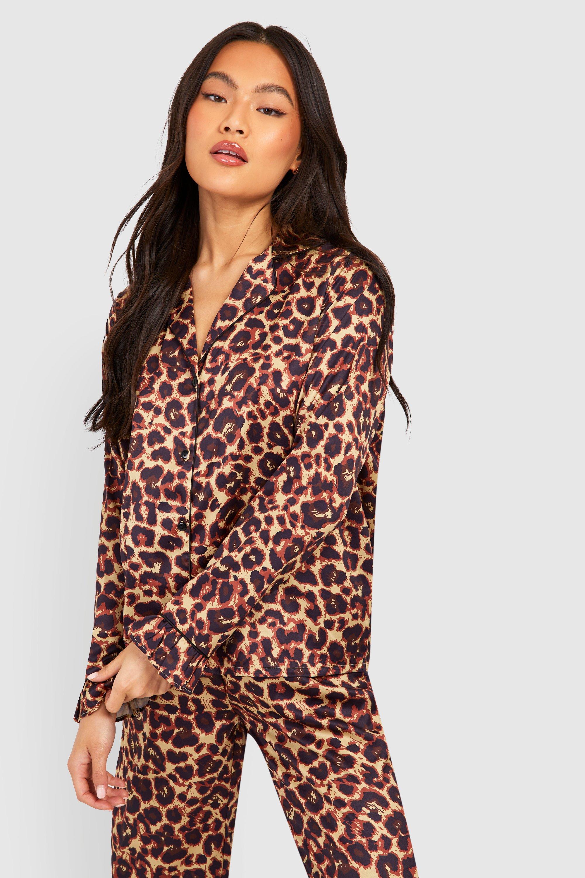 Premium Satin Leopard Frill Pajama Pants Set boohoo