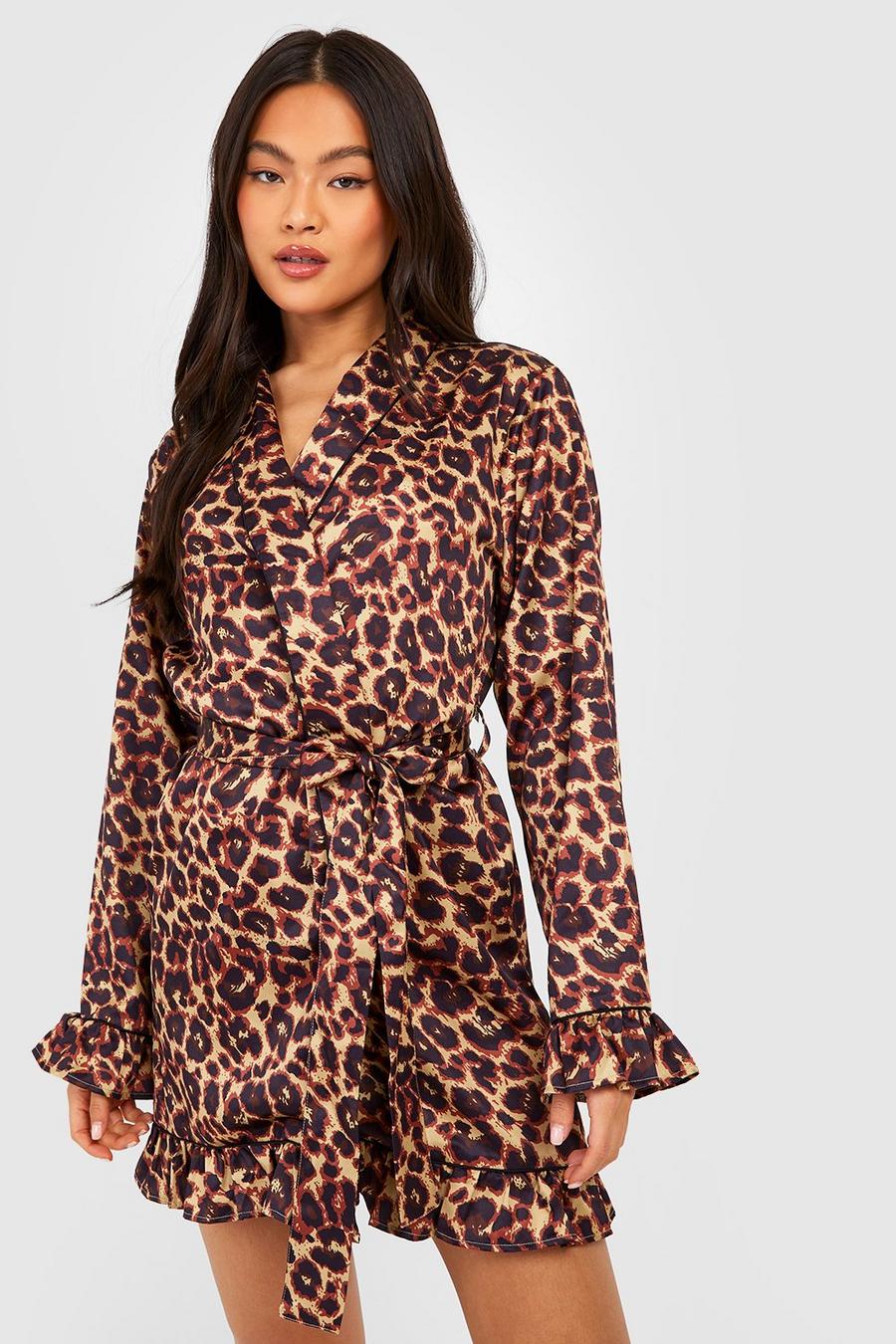 Robe de chambre satinée premium à imprimé léopard, Leopard image number 1