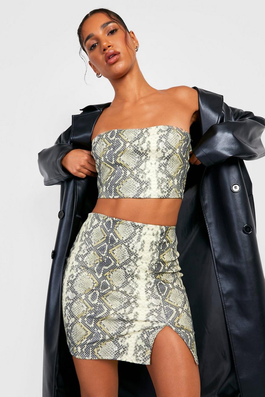 Neutral Snake Print Faux Leather Crop & Mini Skirt image number 1
