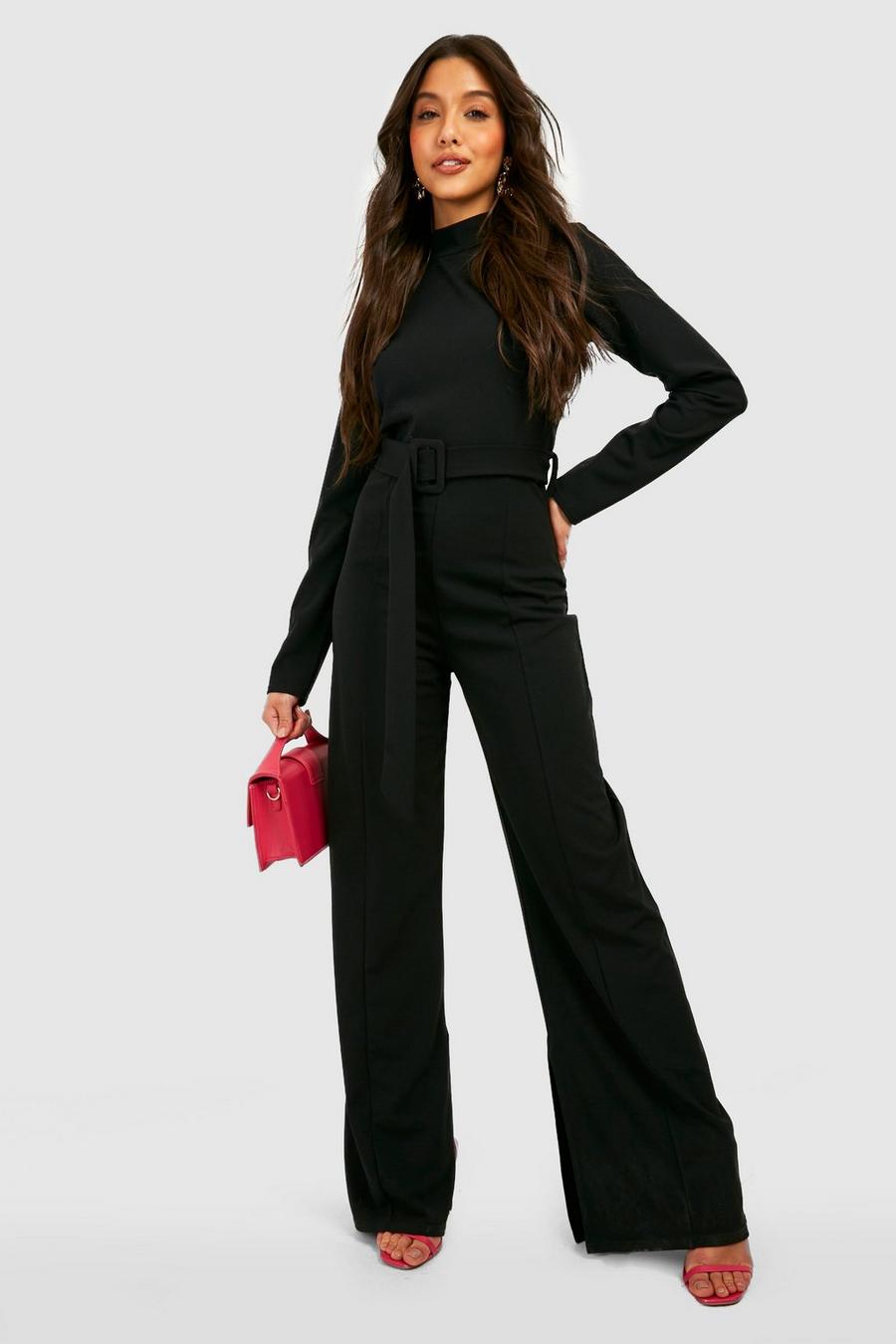 Black Tailored Self Fabric Belted Wide Leg Jumpsuit image number 1