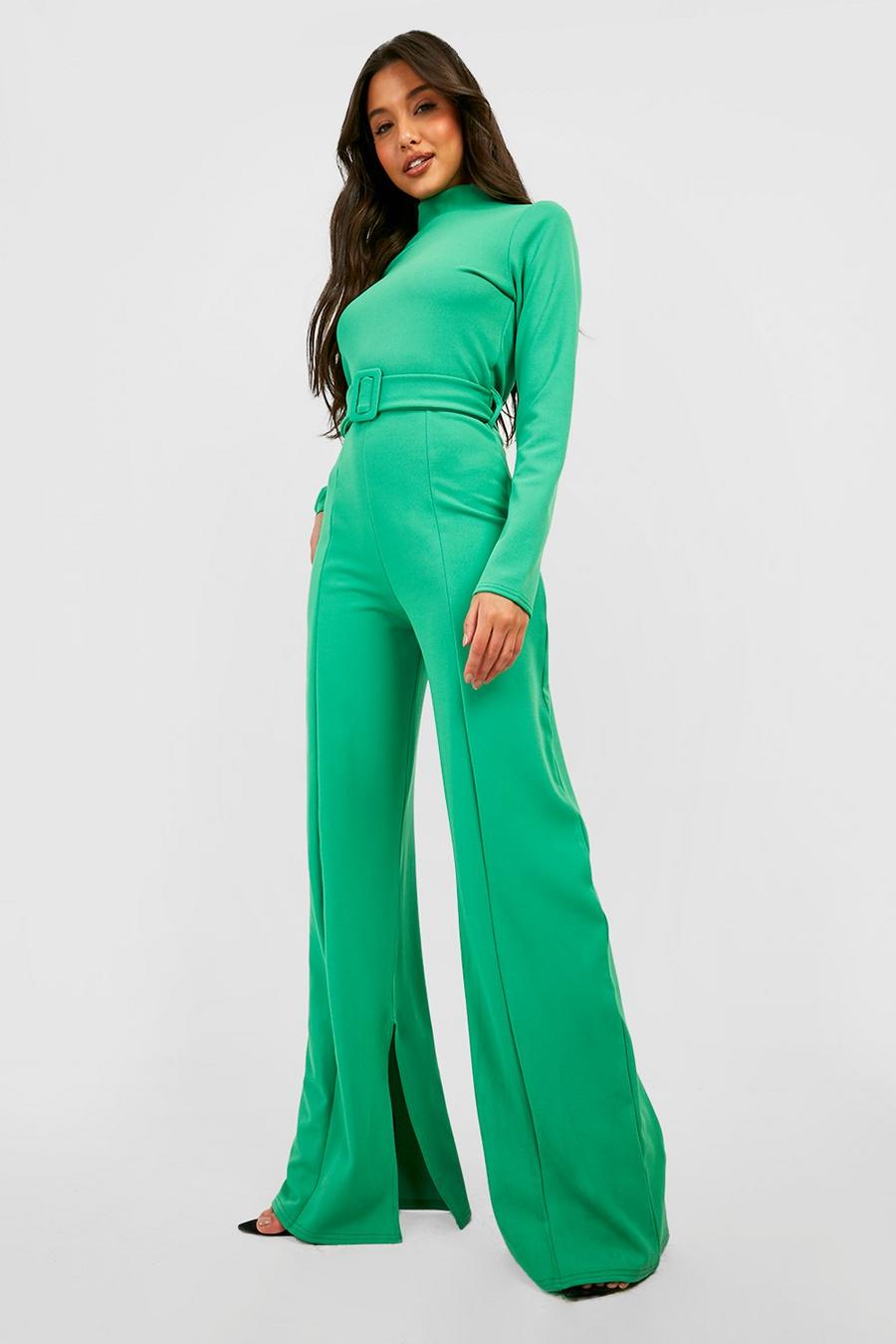 Bright green Tailored Self Fabric Belted Wide Leg Jumpsuit
