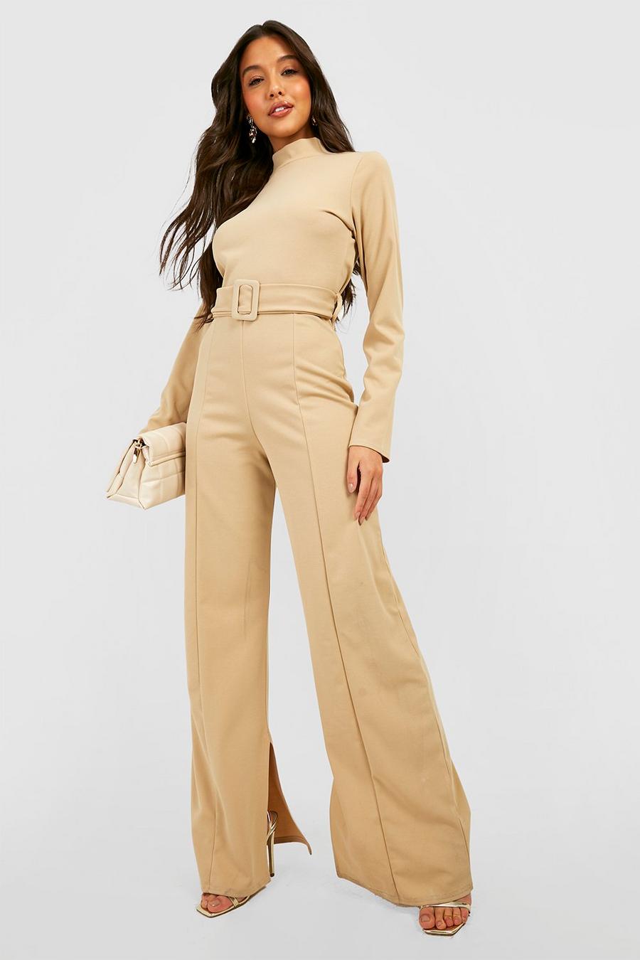 Sand beige Tailored Self Fabric Belted Wide Leg Jumpsuit
