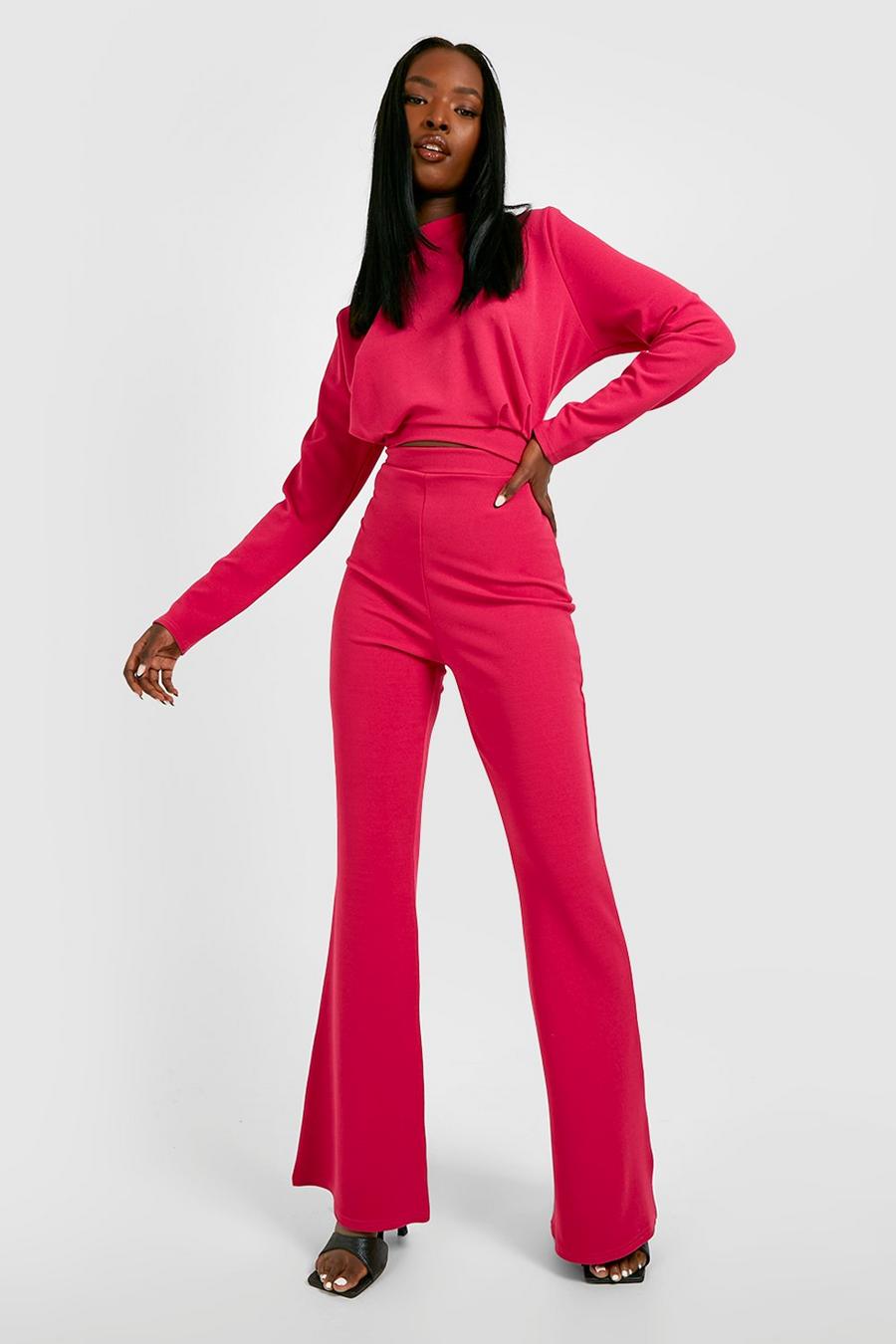 Hot pink Pleat Detail High Neck Top & Flared Pants image number 1
