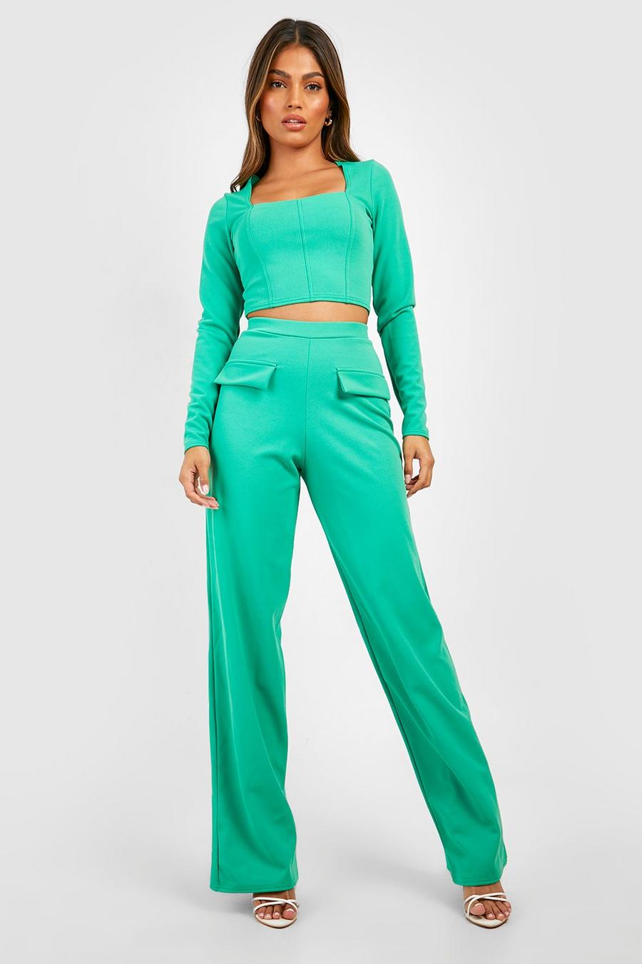 Bright green Corset Detail Top & Wide Leg Pants image number 1