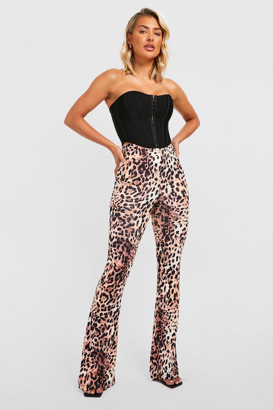 Tan Leopard Print Recycled Slinky Flared Pants image number 1