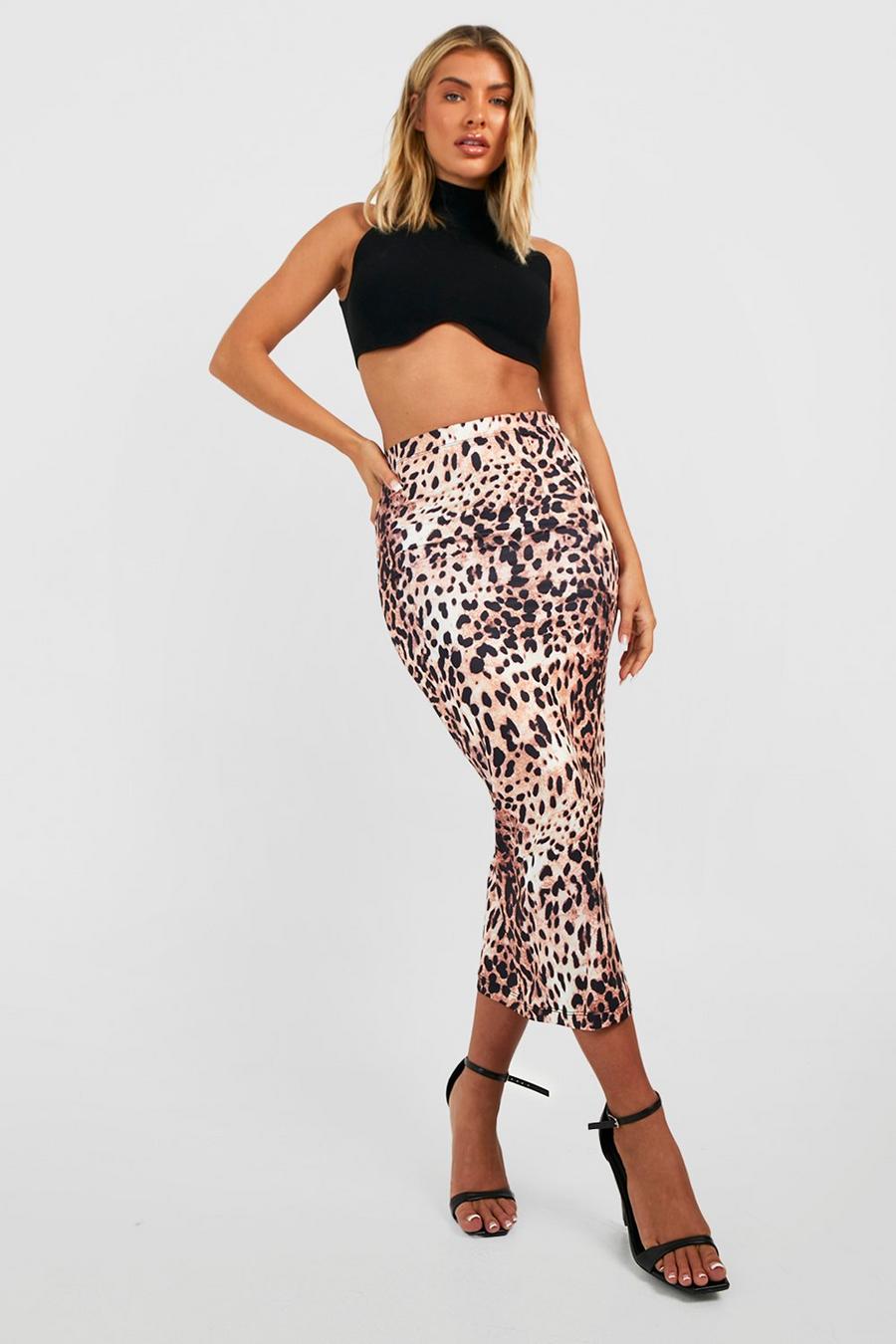 Tan Leopard Print Recycled Slinky Midi Skirt image number 1