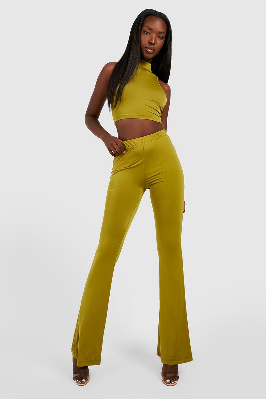 Olive Slinky Flared Trousers image number 1