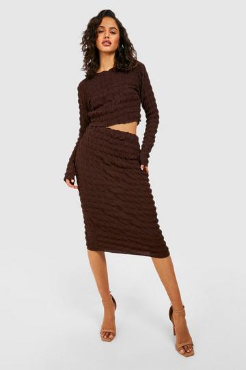 Bubble Jersey Knit Backless Crop & Midi Skirt chocolate