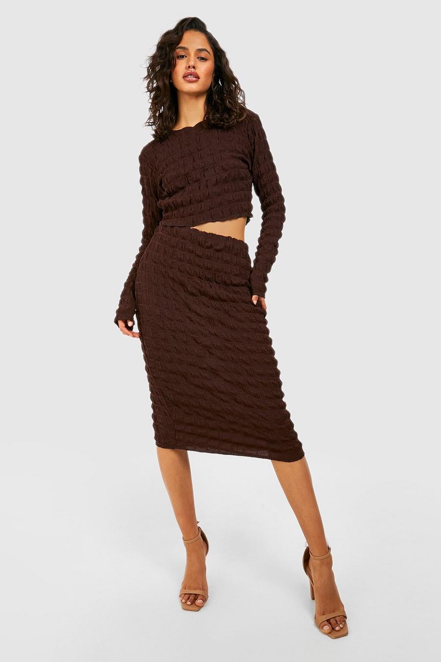 Chocolate brown Bubble Jersey Knit Backless Crop & Midi Skirt