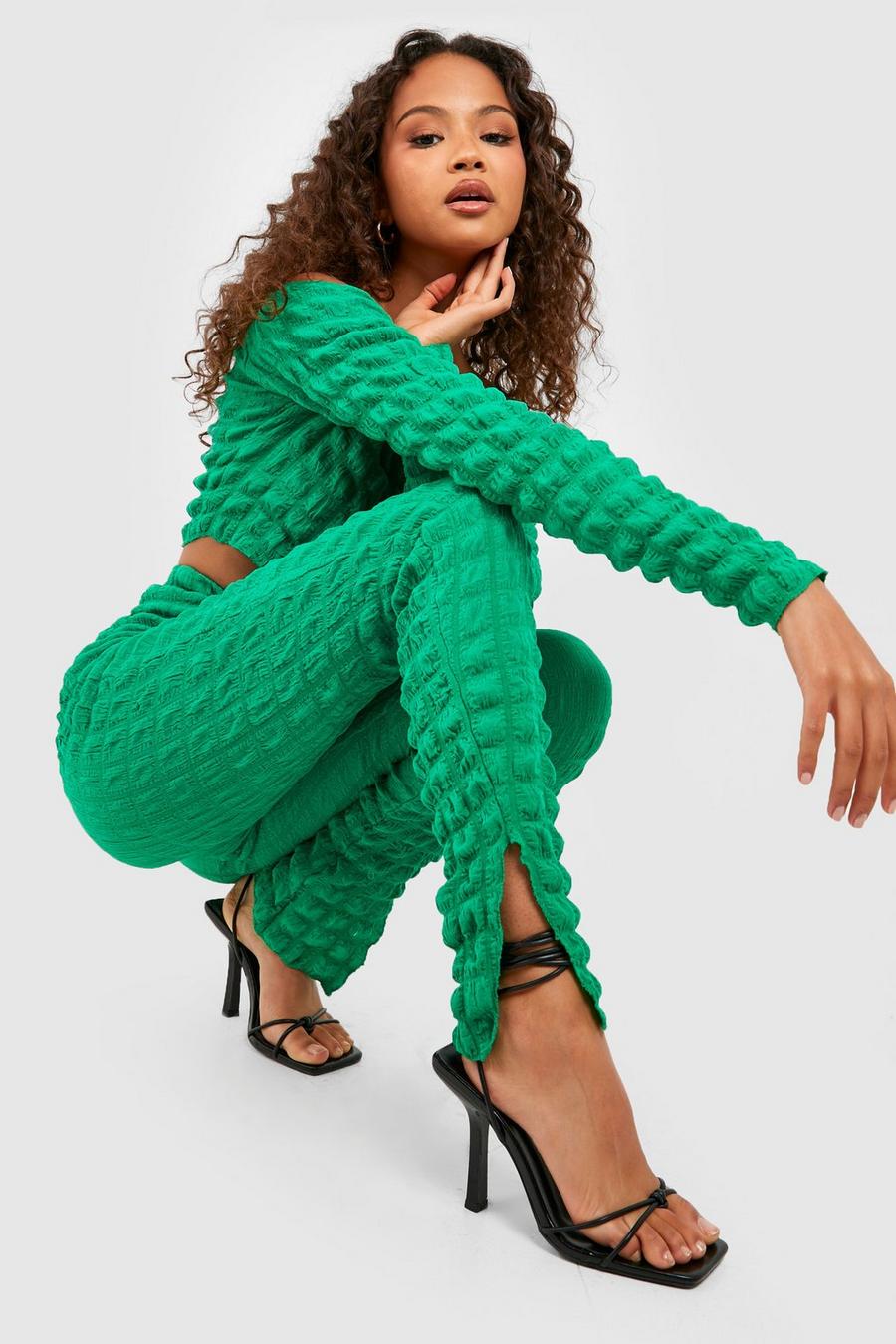 Bright green Bubble Jersey Bardot Crop & Split Hem Pants image number 1