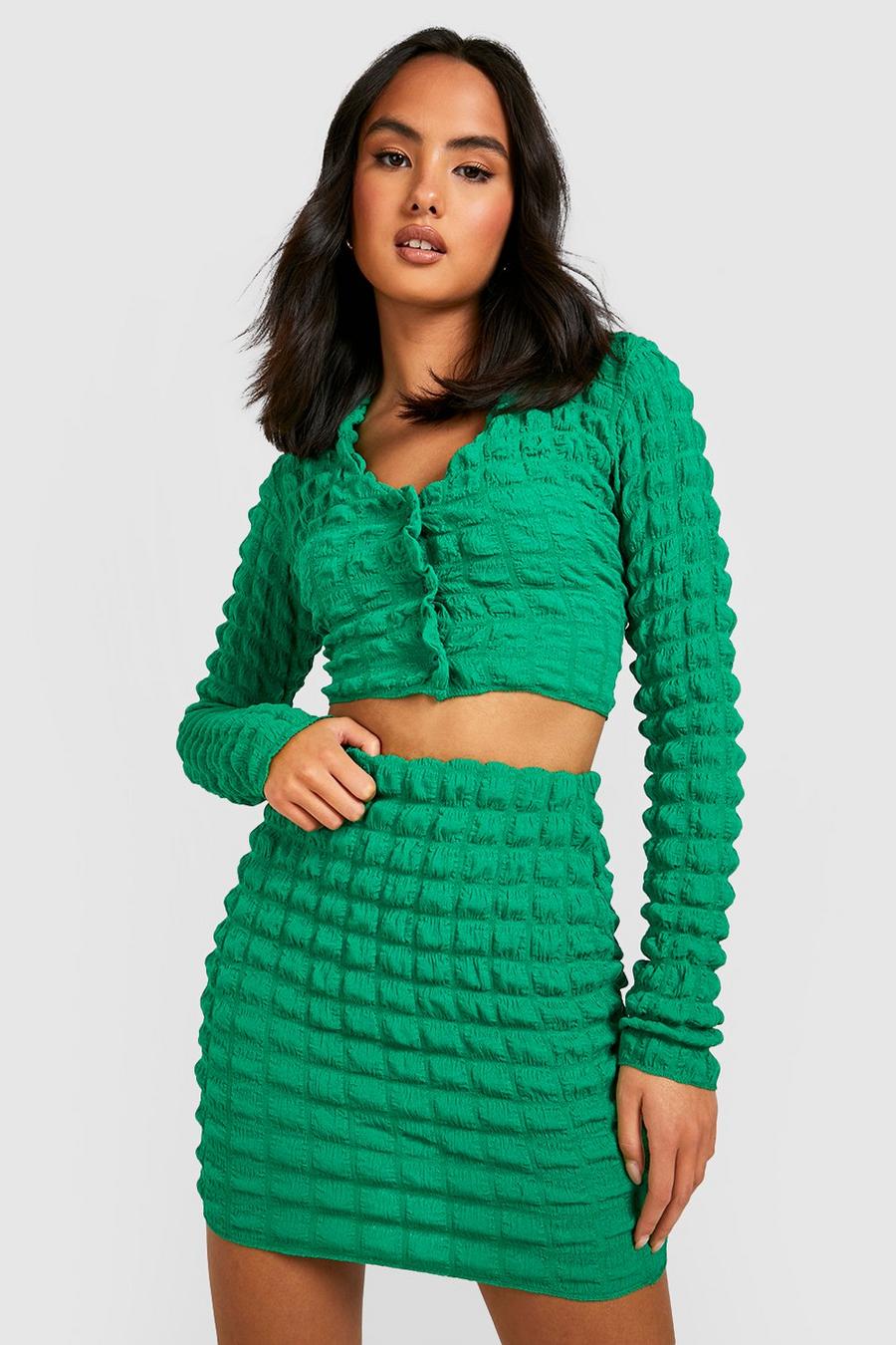 Bright green Bubble Jersey Knit Crop Shirt & Micro Mini Skirt image number 1