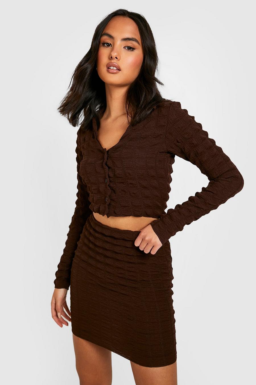 Chocolate Bubble Jersey Knit Crop Shirt & Micro Mini Skirt image number 1
