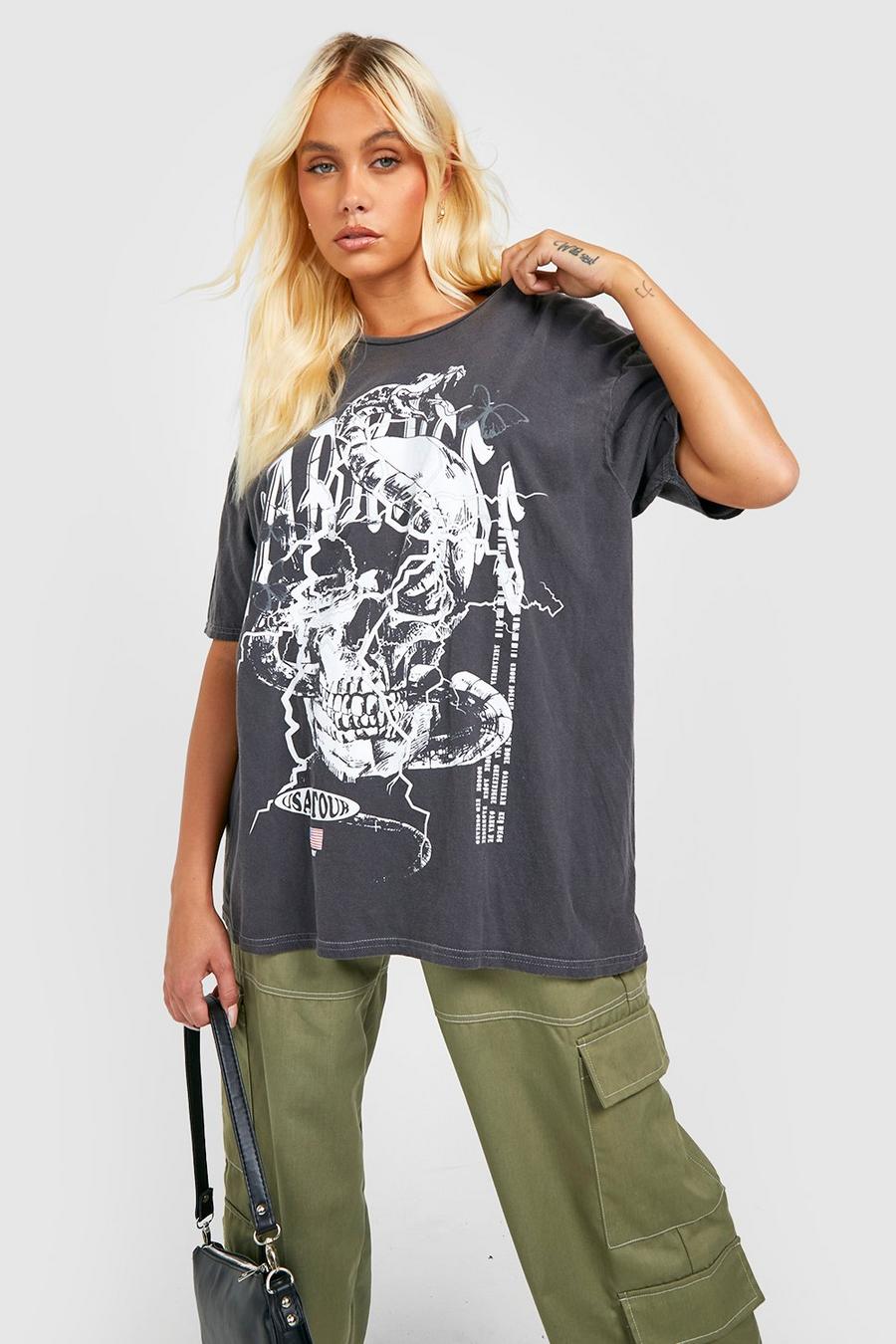 Black Skull Print Oversized Washed T-shirt  image number 1