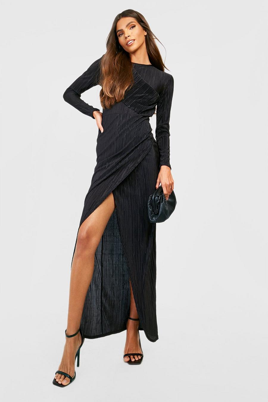 Black Long Sleeve Plisse Maxi Dress image number 1