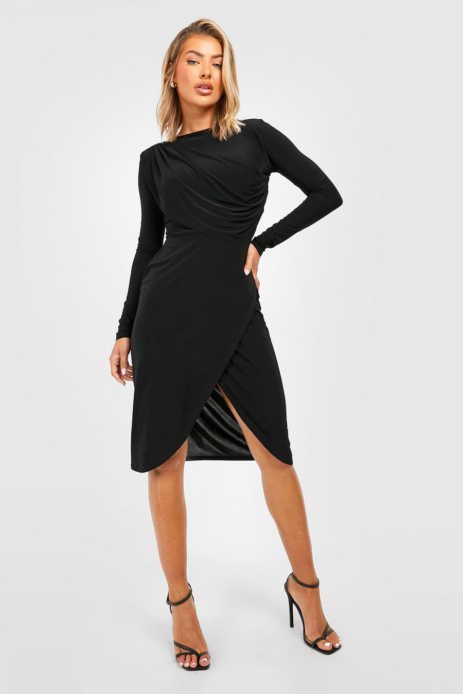 Black Long Sleeve Slinky Midi Dress image number 1