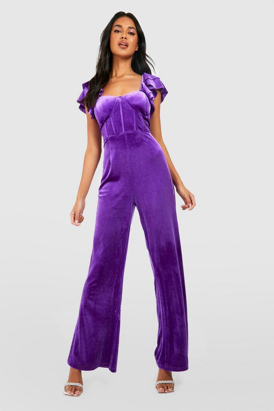 Purple violet Velvet Ruffle Sleeve Corset Jumpsuit