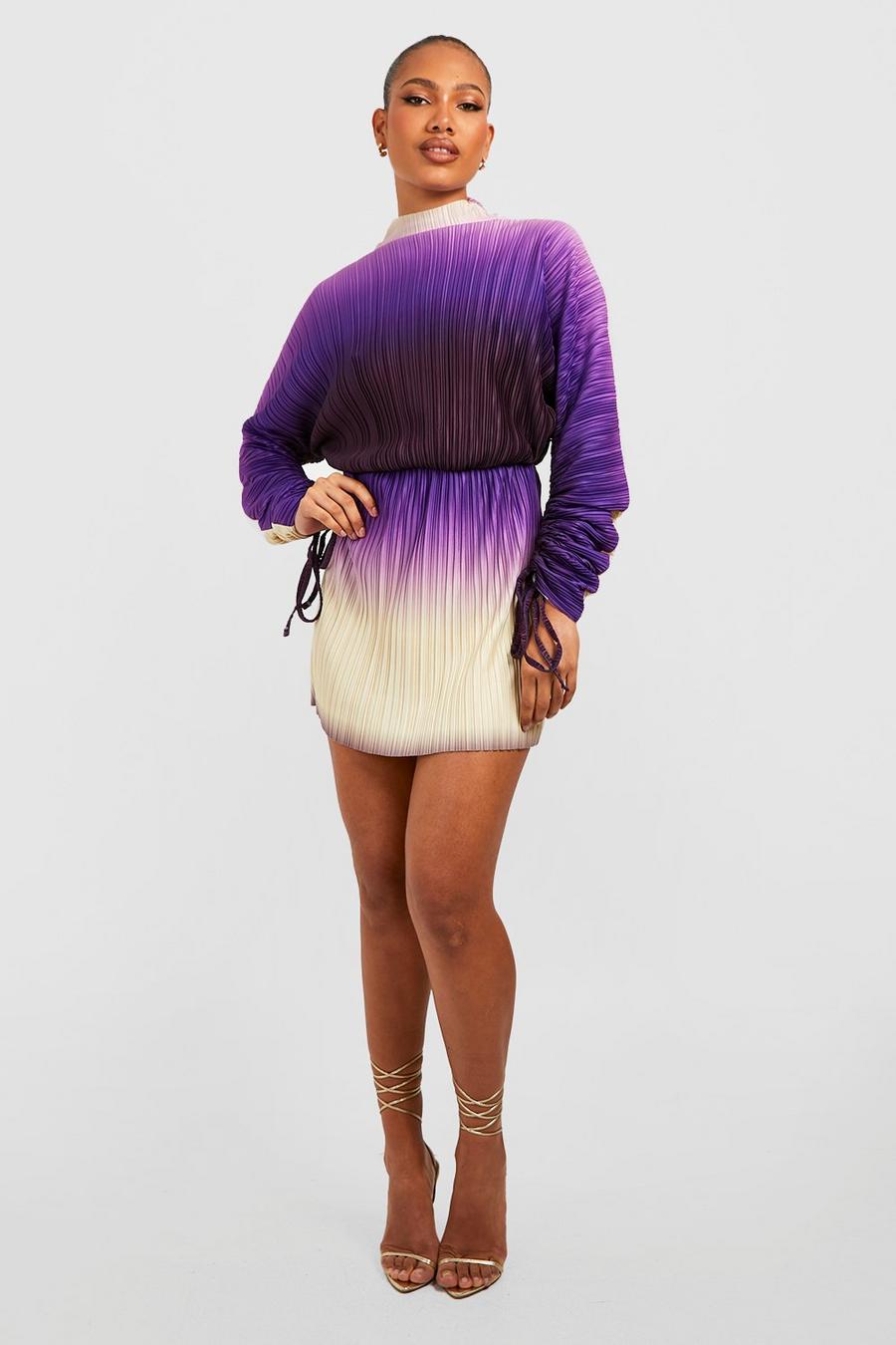 Purple Ombre Plisse Ruched Sleeve Dress