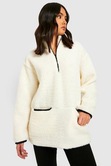 Borg Contrast Half Zip Sweater ecru