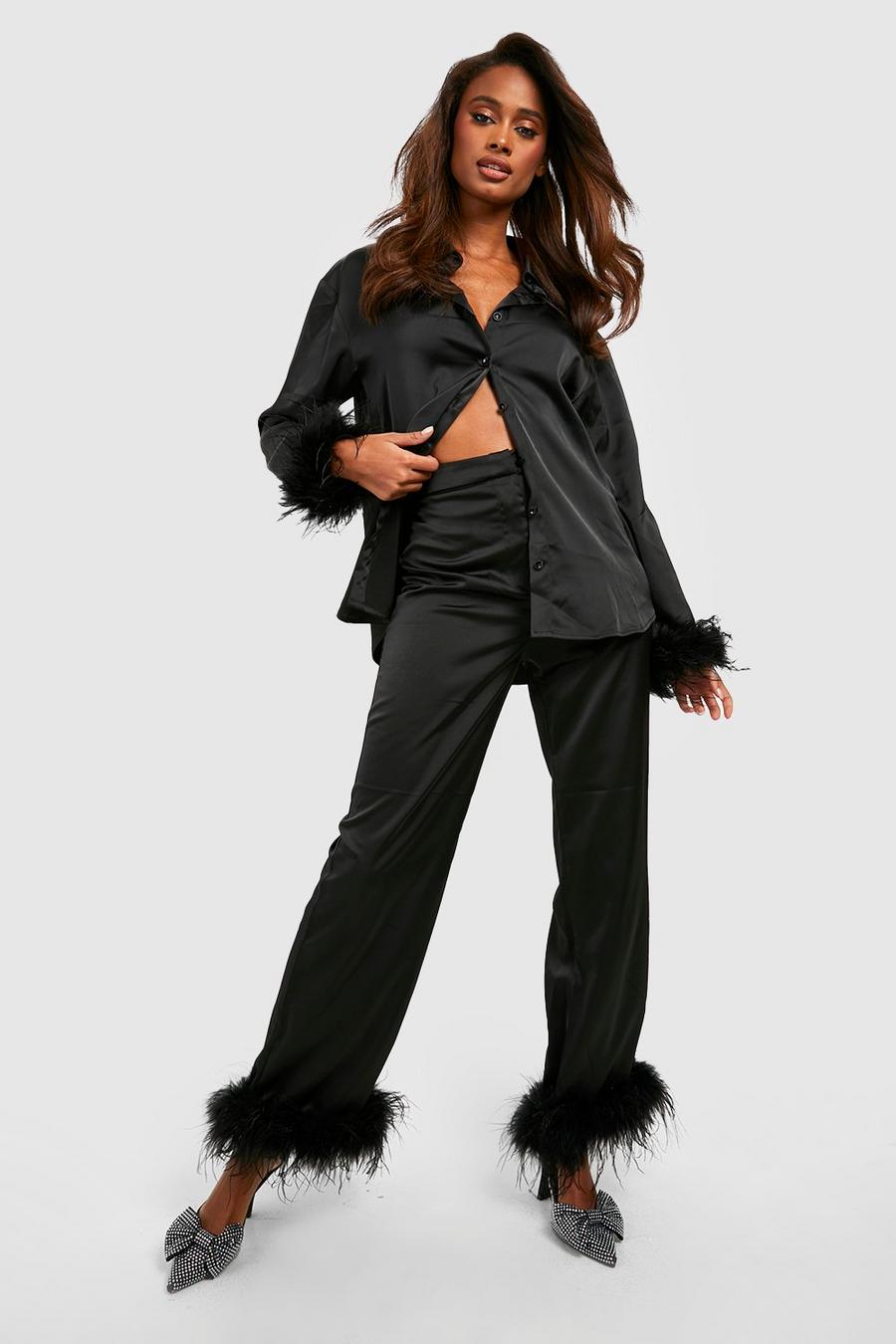 Black Satin Feather Cuff Dress Pants image number 1