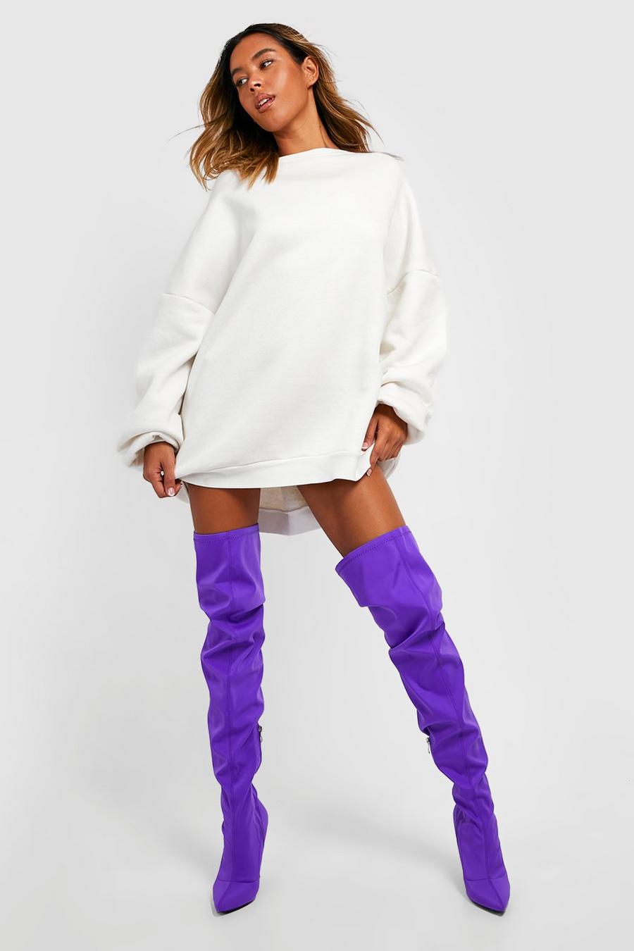 Purple Stretch Neoprene Thigh High Stiletto Boots image number 1