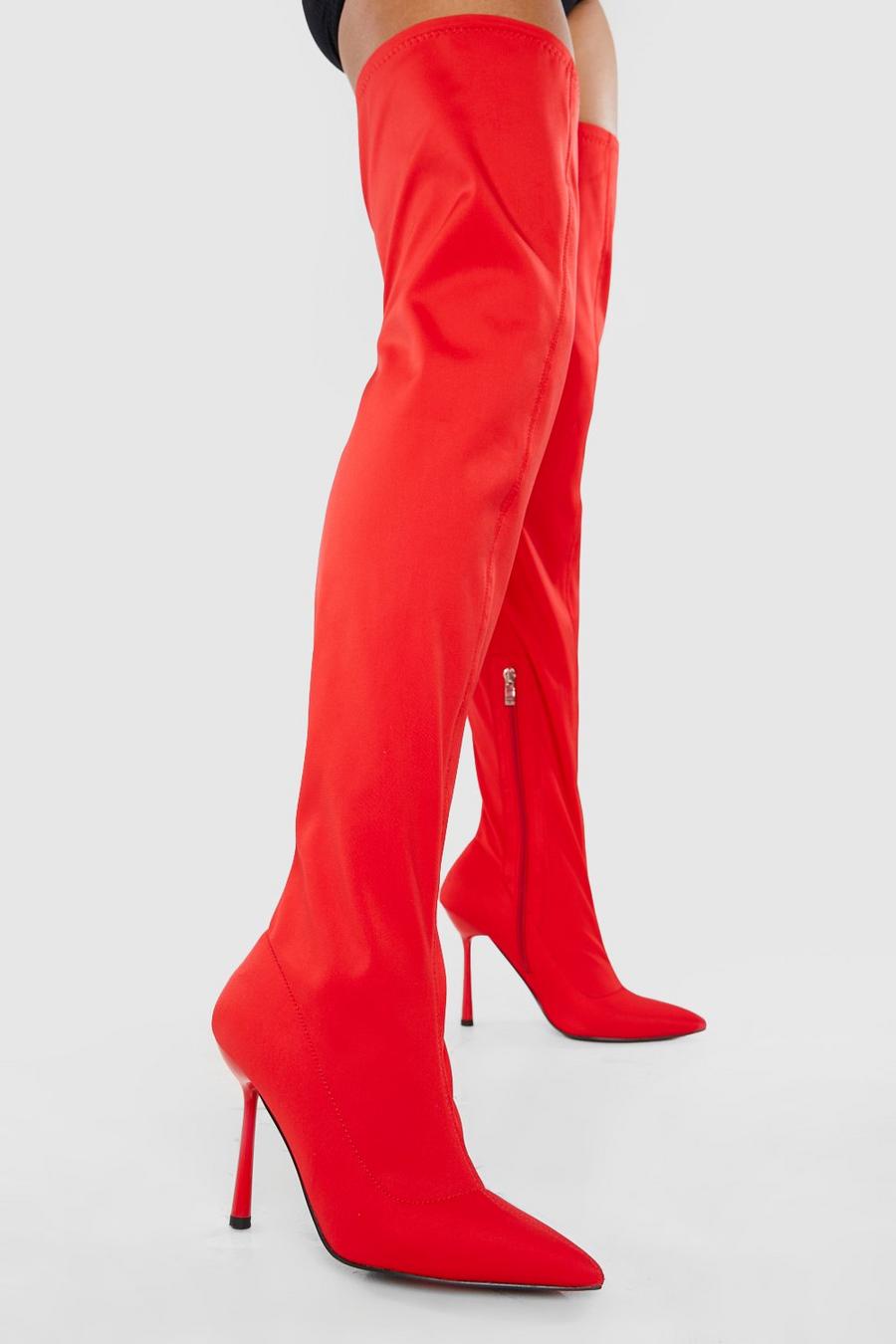 Red Stretch Neoprene Thigh High Stiletto Boots image number 1