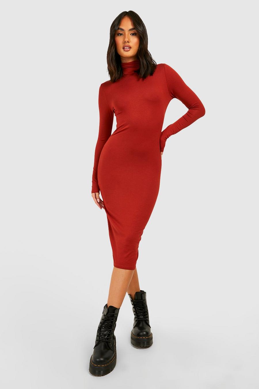 Rust Roll Neck Long Sleeve Bodycon Midi Dress image number 1