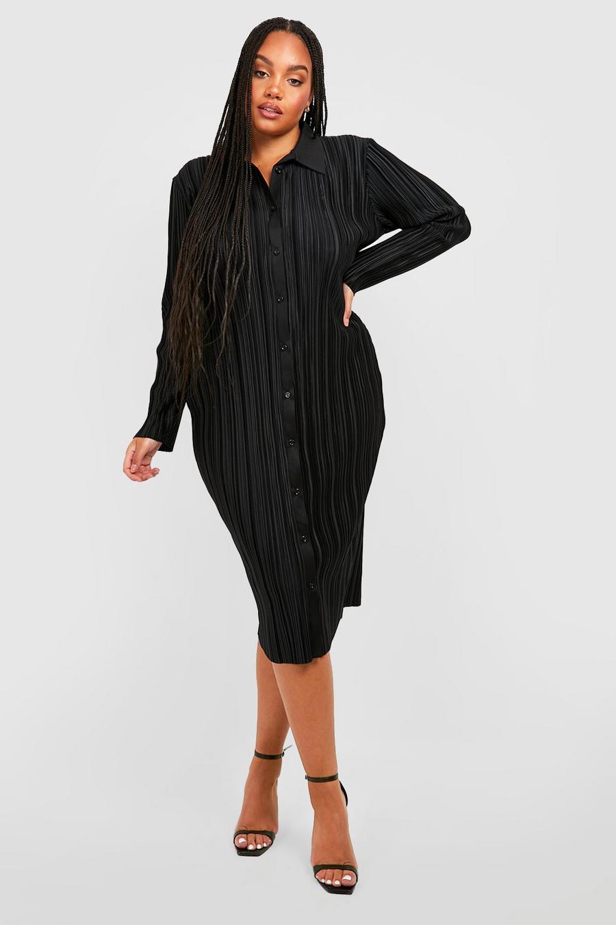 Black Plus Plisse Midi Shirt Dress image number 1
