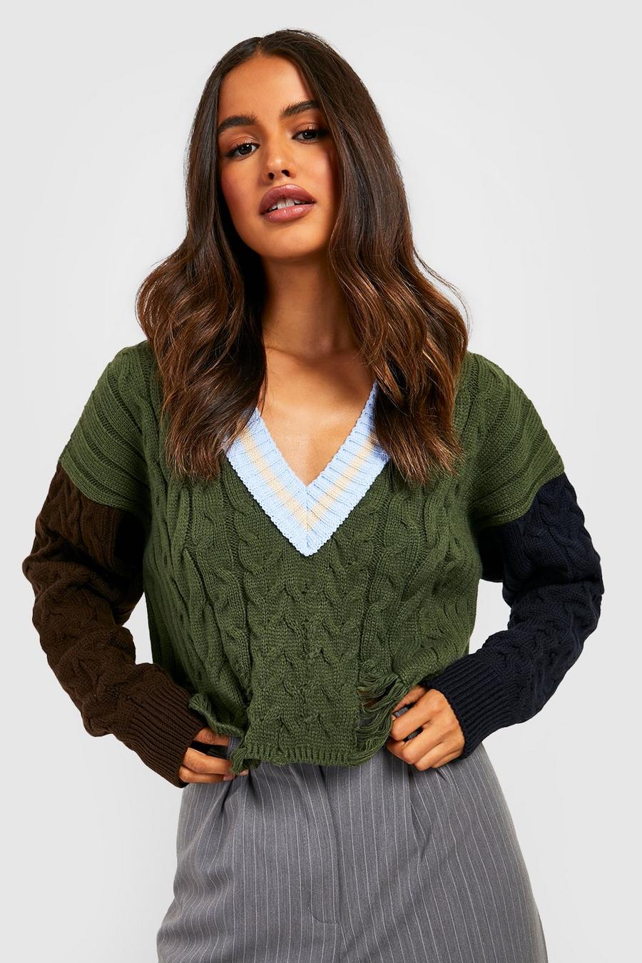 Green Color Block Cable Knit Crop Cricket Sweater image number 1