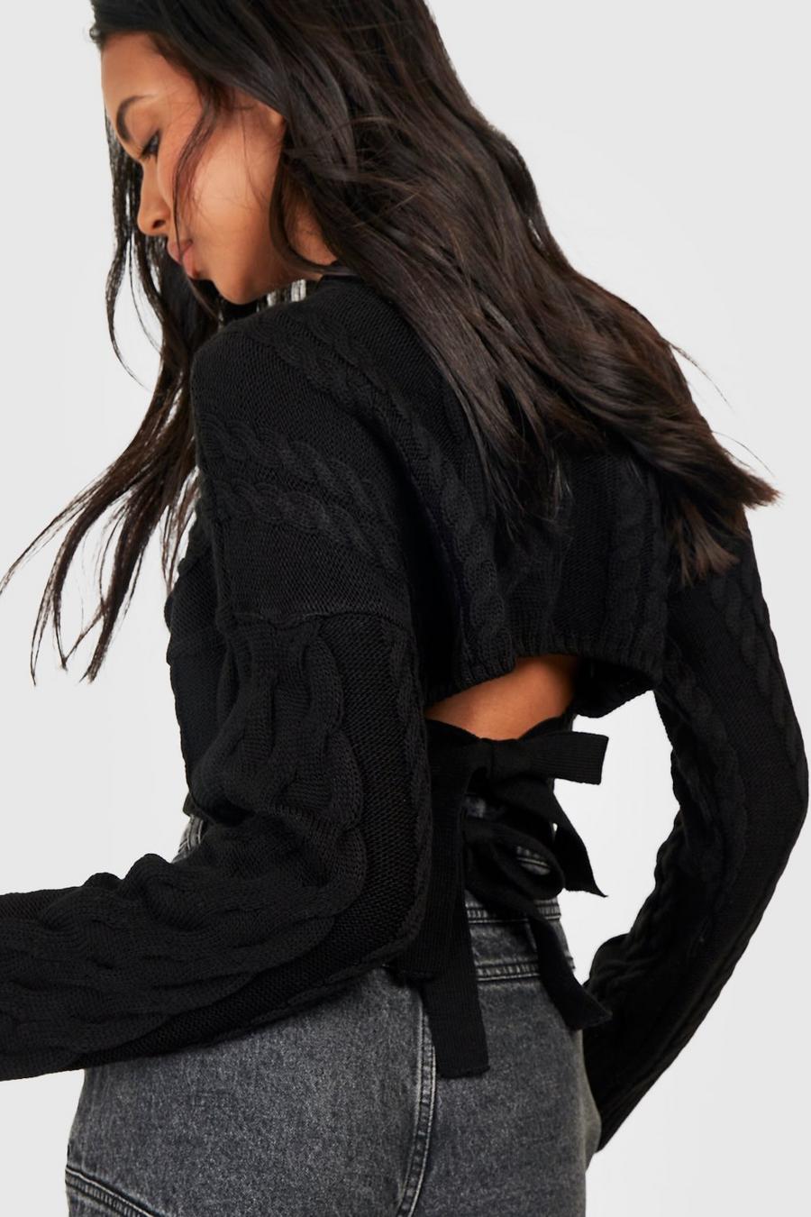 Black Cable Knitted Sweater With Back Ties image number 1