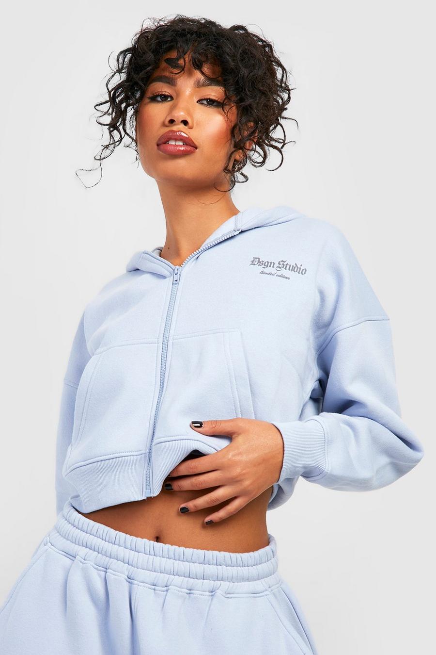 Blue Reflective Print Cropped Zip Through Hoodie image number 1