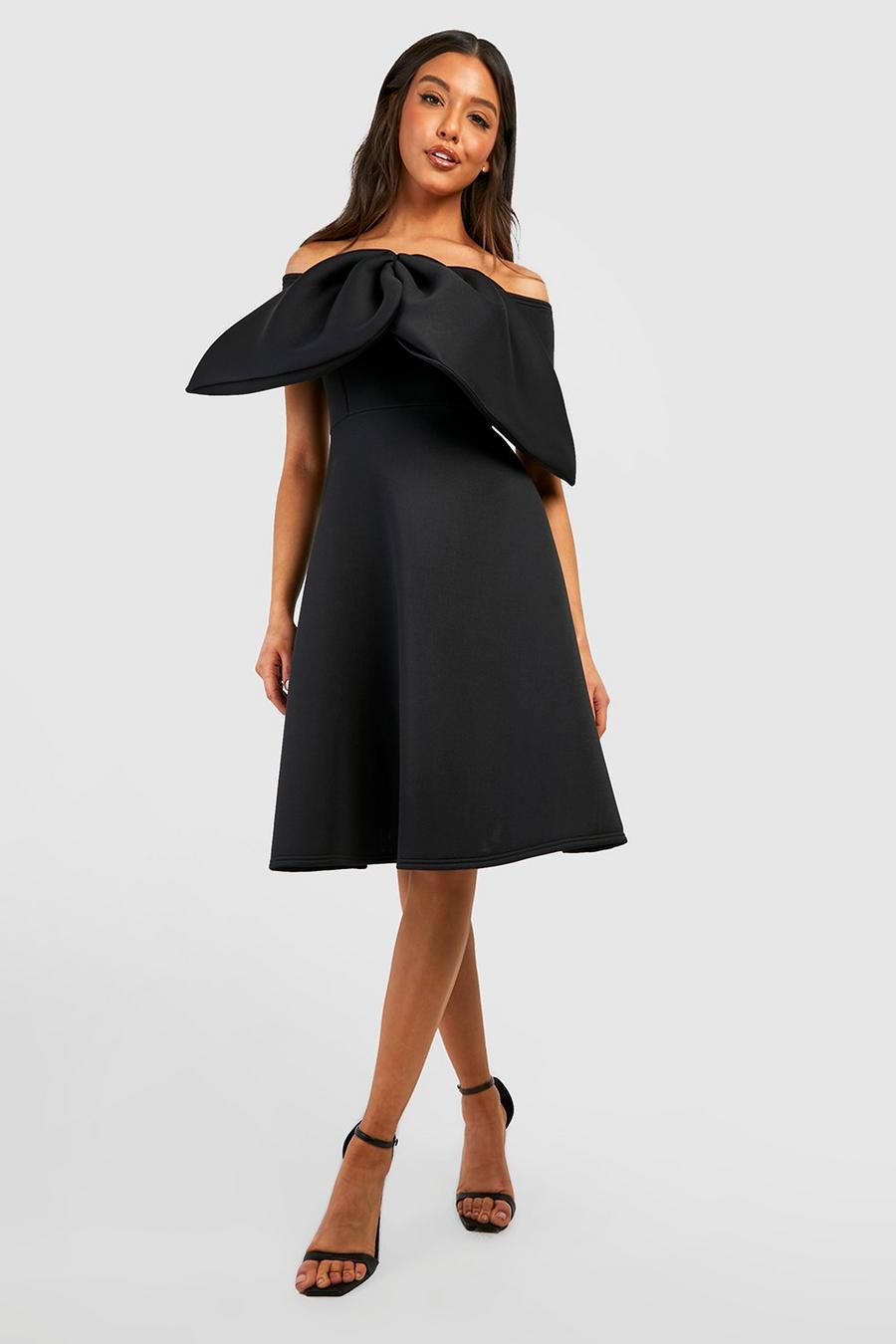 שחור שמלת סקייטר מידי מבד סקובה עם סרט בחזית וללא תפרים image number 1