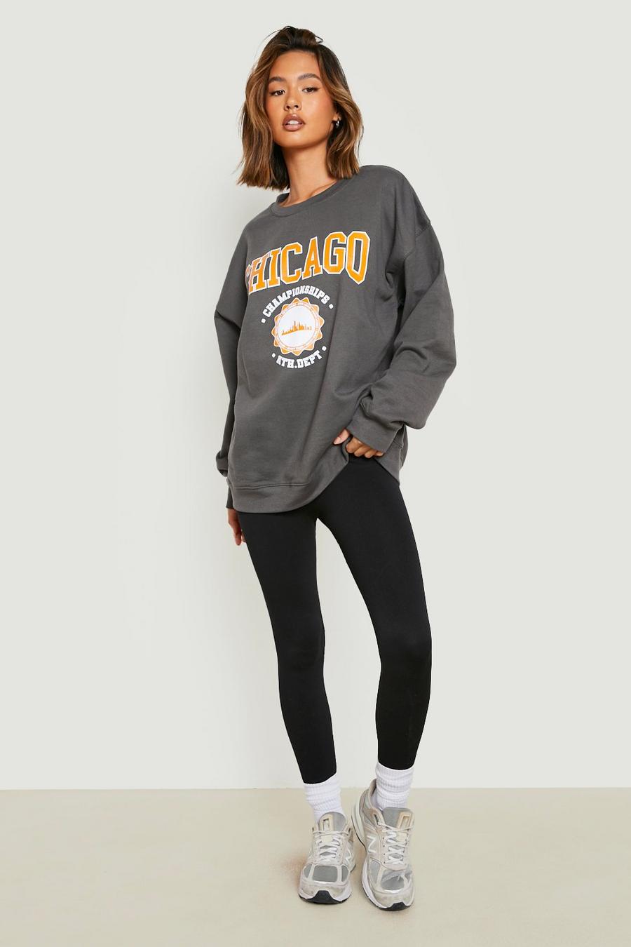 Charcoal Chicago Varsity Printed Oversized Sweater  image number 1