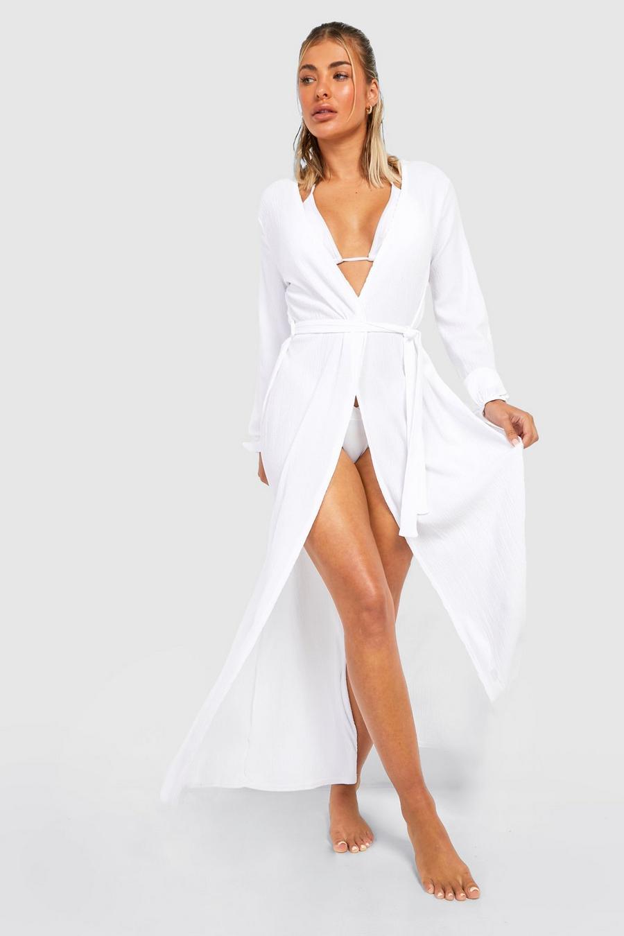 White Crinkle Belted Maxi Beach Kimono image number 1