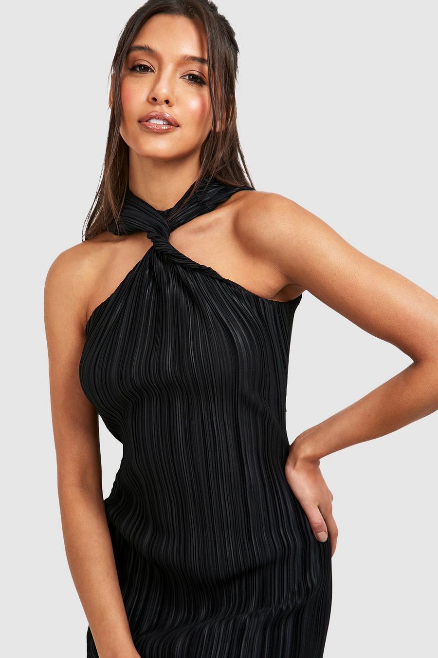 Black Premium Plisse Twist Front Midi Dress image number 1