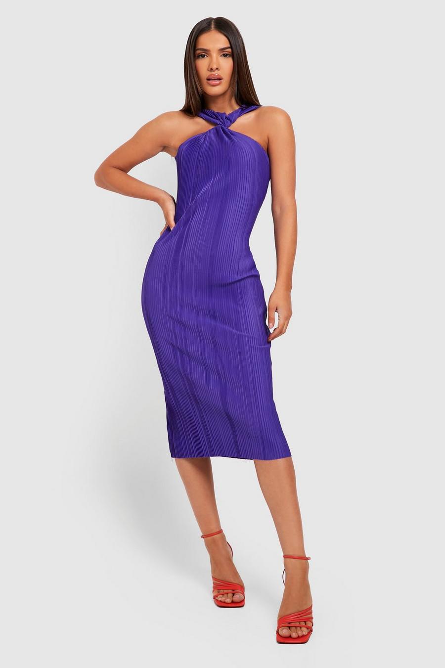 Purple Premium Plisse Twist Front Midi Dress
