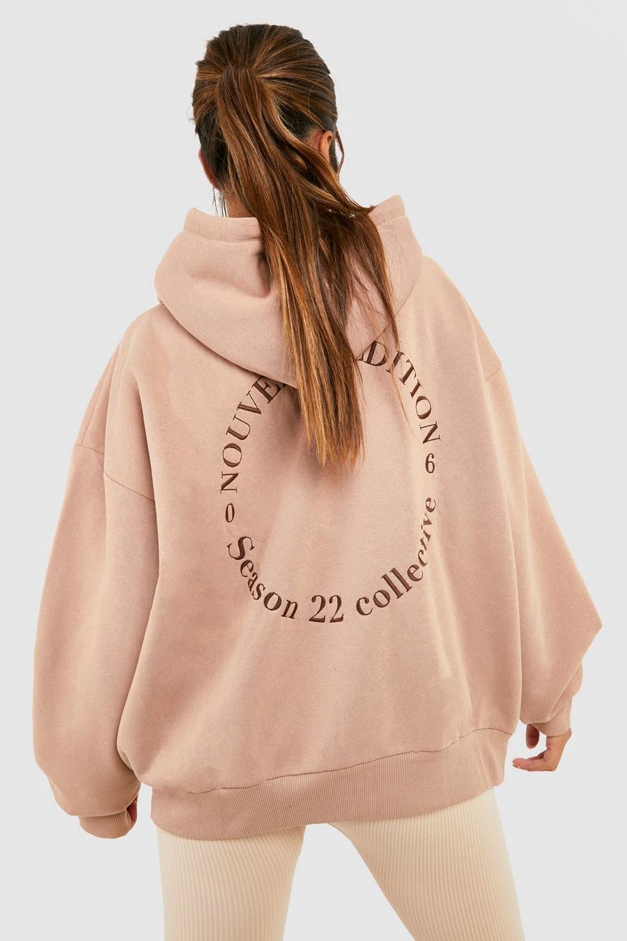 Taupe Embroidered Back Oversized Hoodie  image number 1