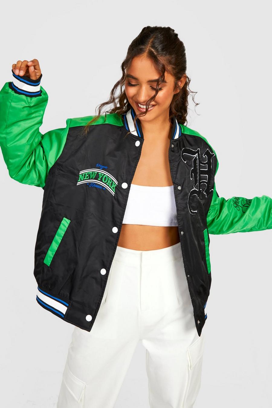 Green Colour Block Patch Detail Varsity Bomber image number 1