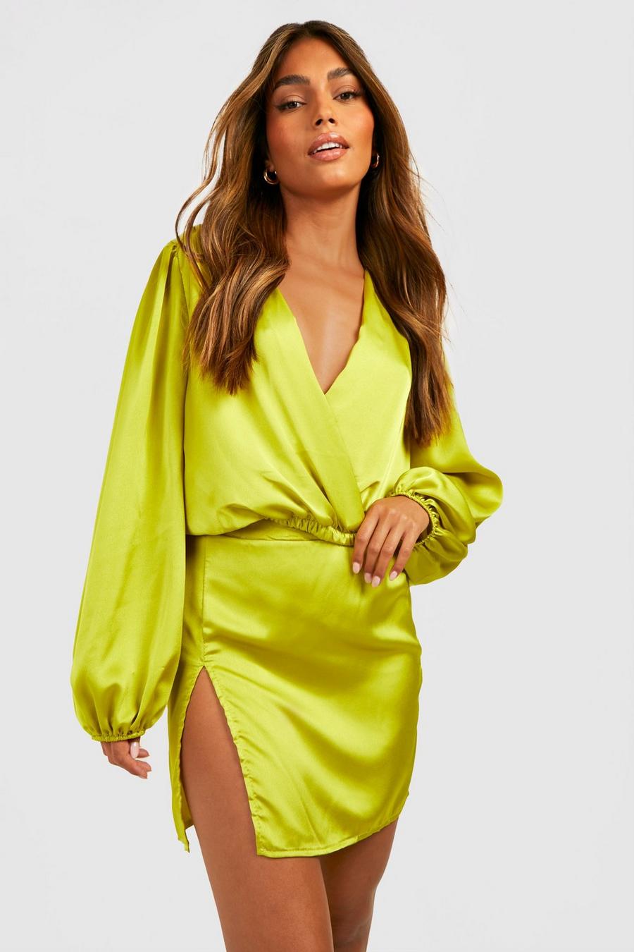 Chartreuse Satin Wrap Blouse & Split Mini Skirt image number 1