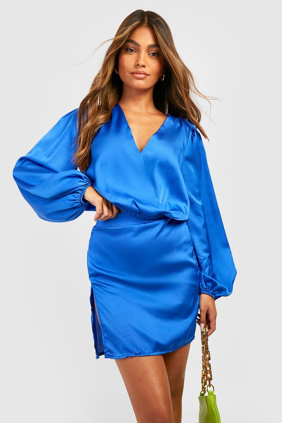 Cobalt blue Satin Wrap Blouse & Split Mini Skirt image number 1