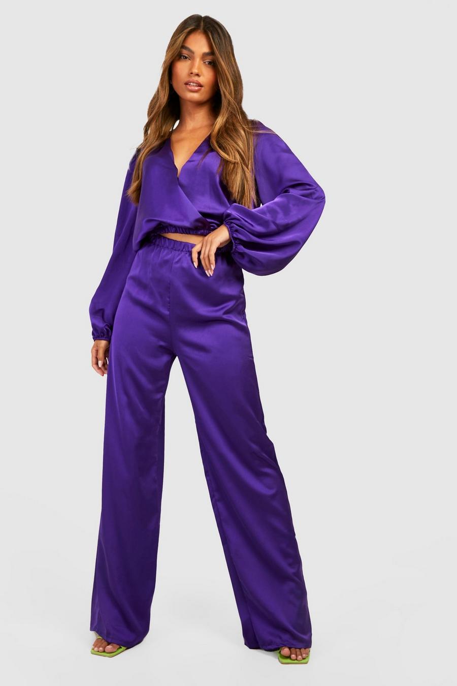 Ensemble satiné avec blouse et pantalon large, Purple image number 1