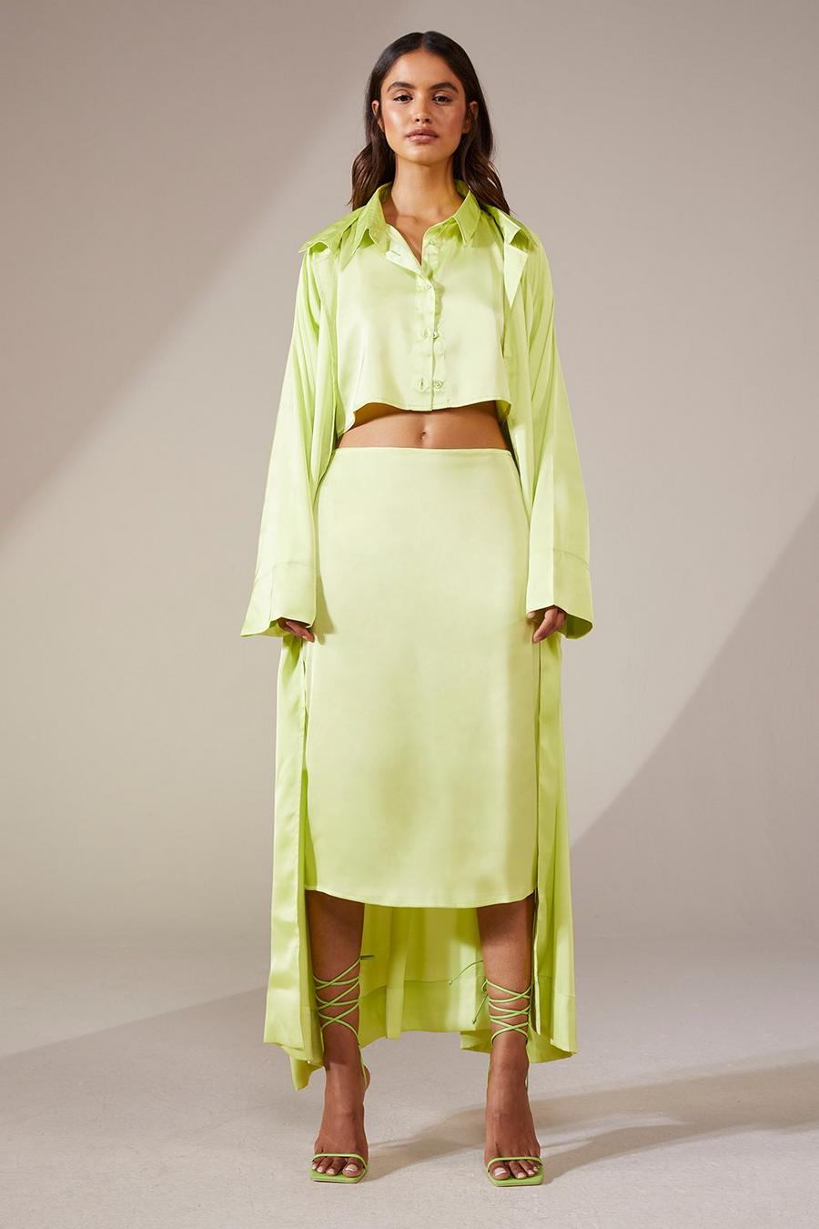 Lime green Satin Midi Skirt