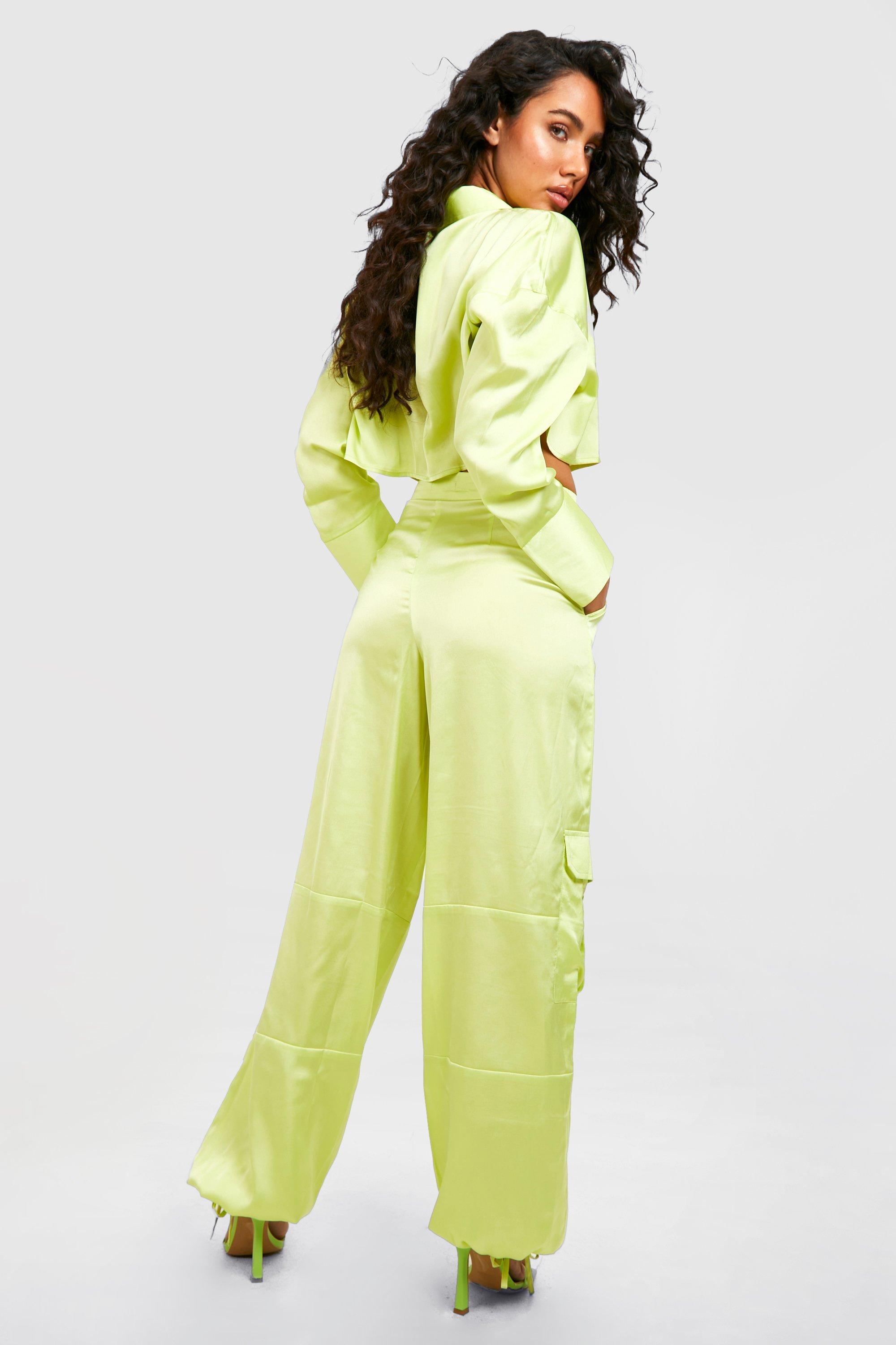 Womens Off-White green Satin Wide-Leg Cargo Trousers