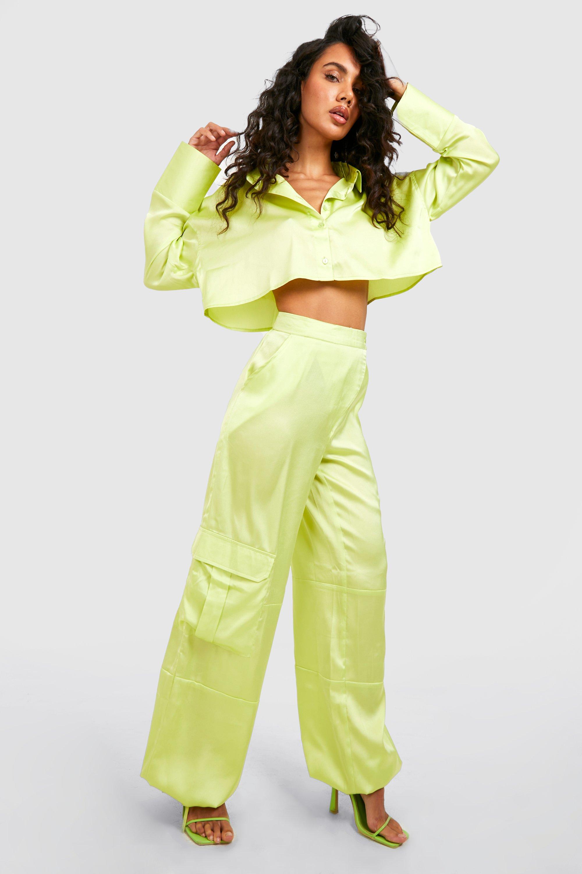 green satin cargo pants