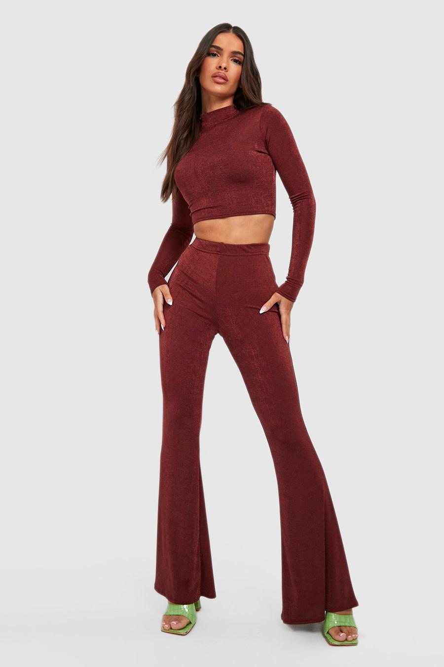 Chocolate Acetate Slinky High Neck Crop & Flare Pants image number 1